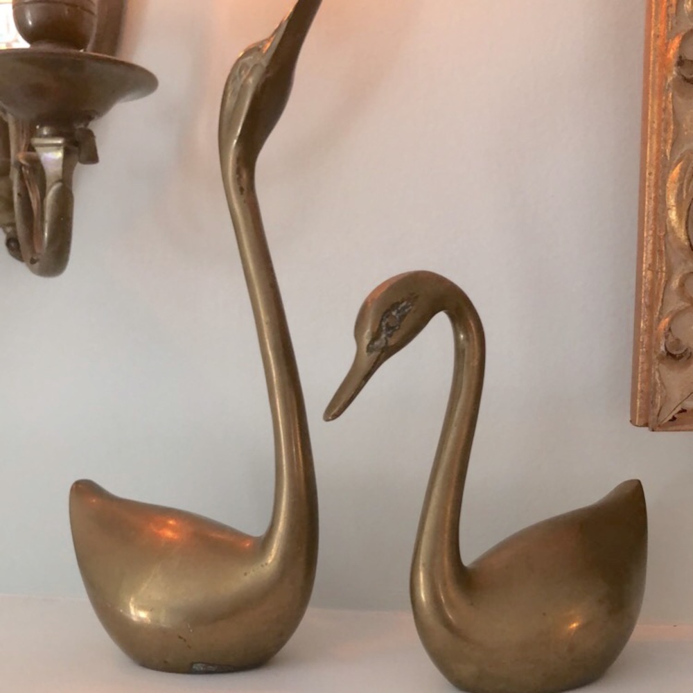 MCM Pair Brass Swans Good Vintage Condition